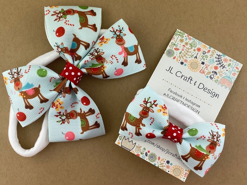 Christmas Hair Bow, Christmas Hair Clip, Christmas Bow, Girls Hair Bow, Ruldoph reindeer hair bow, Baby Christmas Hair Bow, Stocking Stuffer zdjęcie 6
