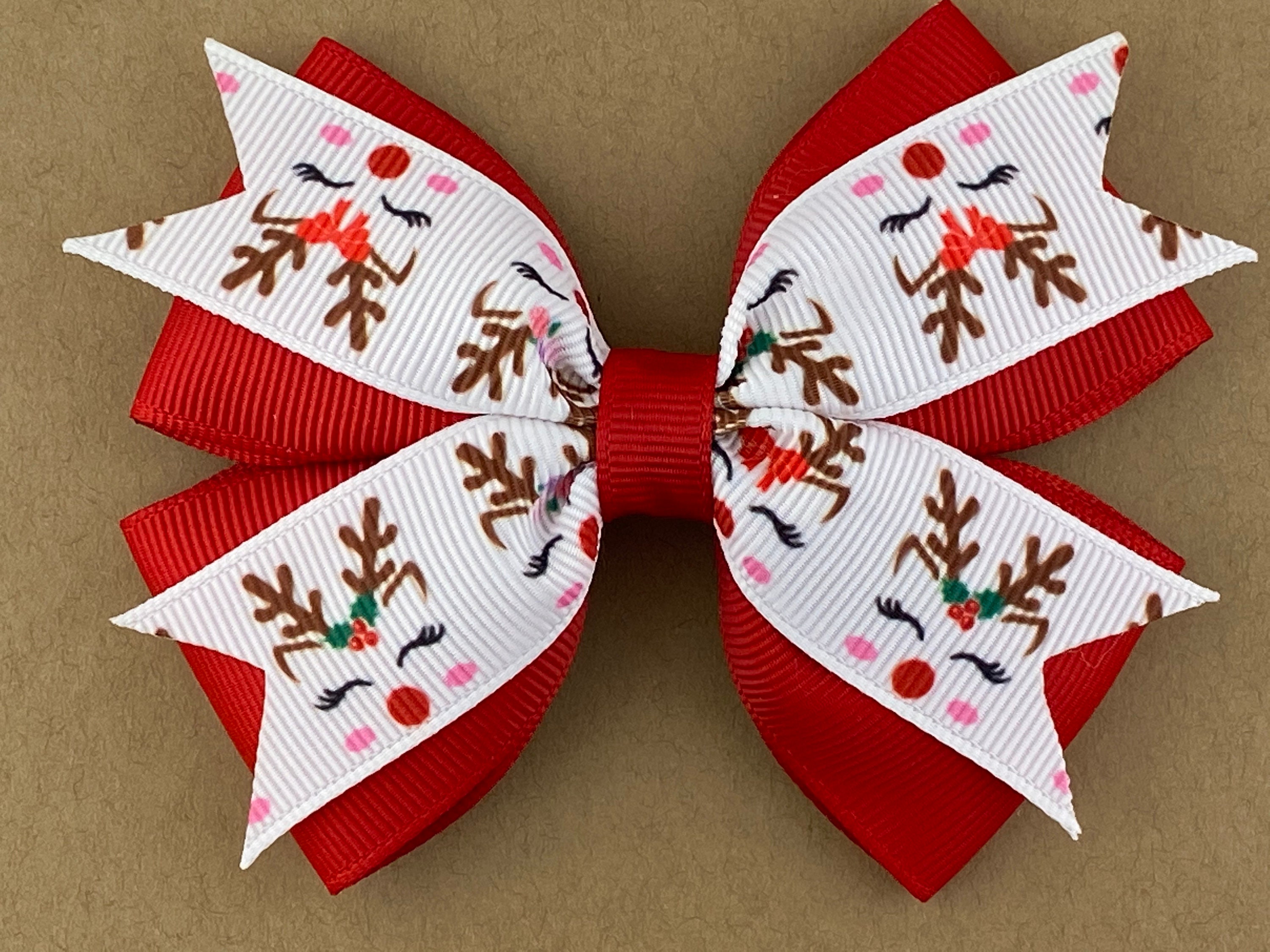 Burlap Christmas Hair Bow,Reindeer Burlap Hair Bow 5 inch / Permanently Attached to Headband