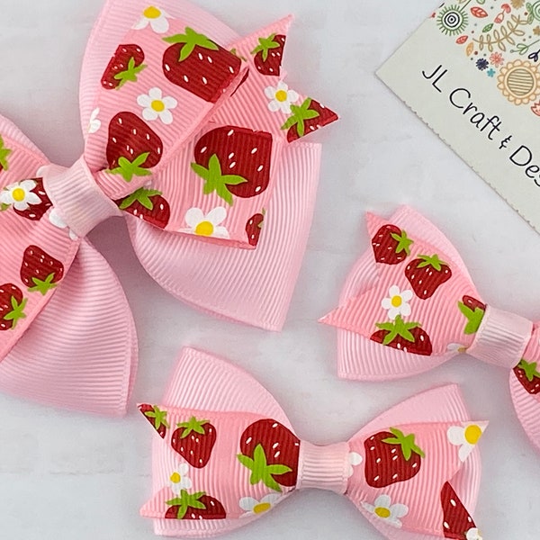 Strawberry Hair Bow, Strawberry Bow, Summer Hair Bow, Fruit Hair Bow, Flower Hair Bow, Pink Hair Bow, Red Hair Bow, Girl Hair Bow, kids bow