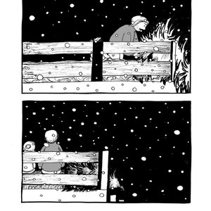 Puede incluir: Una historieta en blanco y negro muestra dos escenas de personas en un entorno nevado. La primera escena muestra a una persona mirando por encima de una valla de madera. La segunda escena muestra a una persona sentada en un banco, tambi&eacute;n en la nieve.