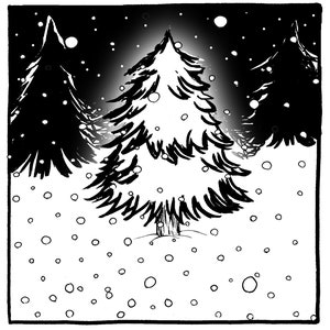 Puede incluir: Ilustraci&oacute;n en blanco y negro de una escena de bosque nevado. Se representan tres &aacute;rboles de hoja perenne estilizados, con un &aacute;rbol central resaltado sobre un fondo oscuro. Los copos de nieve caen, creando una atm&oacute;sfera invernal.