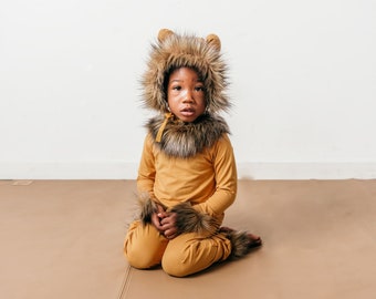 Löwen-Kostüm - Kunstpelz-Löwenhaube - Löwe-Halloween-Kostüm - Kunstpelz-Mütze - Winter-Löwenmütze - Tiermütze