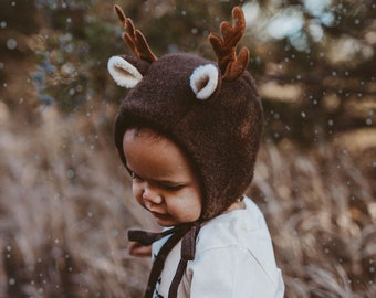 Winter Baby Bonnet - Reindeer Hat - Reindeer Bonnet - Kid's Winter Hat - Flannel Hat - Girl Winter Hat - Christmas Bonnet