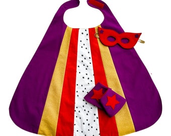 Kids Superhero Cape, Montessori Play, Girls Superhero Cape, Boys Superhero Cape, Organic, Purple Red Gold Superhero