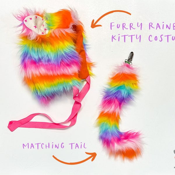 Rainbow Cat Costume - Faux Fur Cat Bonnet-  Cat Halloween Costume - Rainbow Kitty Bonnet - Toddler Rainbow Cat Costume