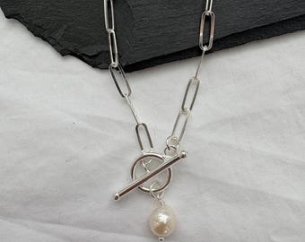 Chunky 925 Sterling Silver freshwater pearl pendant Toggle Necklace: Paperclip Chain, Valentain day