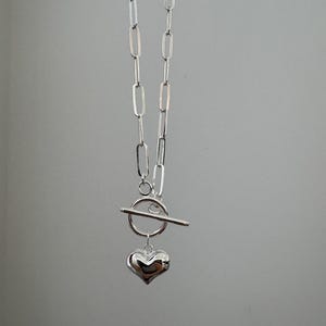 Chunky 925 Sterling Silver Puffy Heart Toggle Necklace: Paperclip Chain, Mother’s day