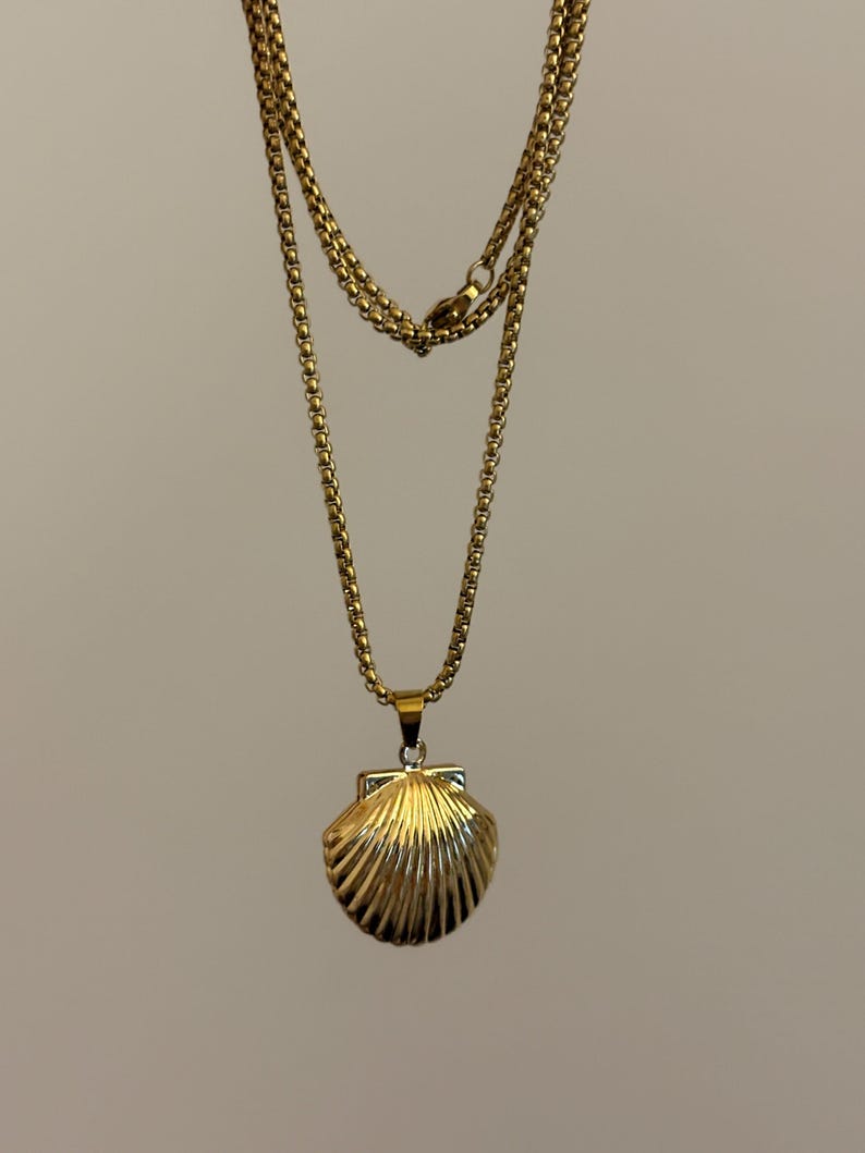 Shell Locket Necklace 22Inch, Silvery Seashell Pendant, Jewelry Gift Gold