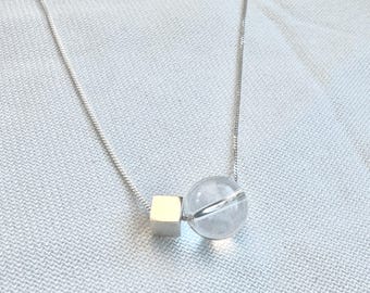 925 Sterling Silver Clear Quartz Cube Necklace: Minimalist Geometric Pendant
