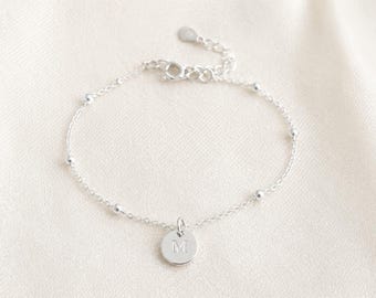 Sterling Silver Initial Necklace Bracelet Set, Personalized Disc Pendant, Minimalist Matching Set