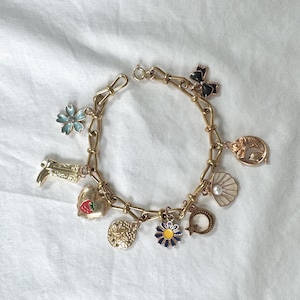 Vintage Gold Plated Charm Bracelet: Stainless Steel, Unique Charms
