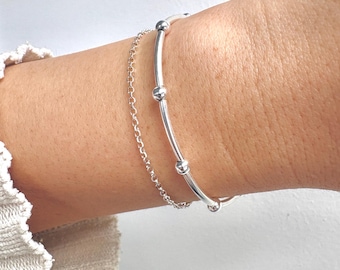 Sterling Silver Beaded Tube Stretch Bracelet, Minimalist 925 Ball Bracelet