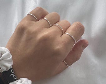 Sterling Silver Stacking Rings Set: Plain & Hammered, Minimalist Jewelry
