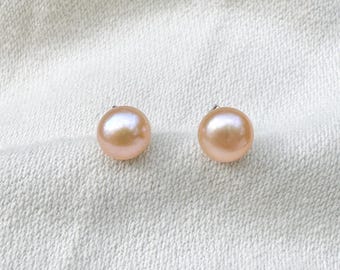 Pink Pearl Stud Earrings: 8mm Freshwater Pearls, Sterling Silver