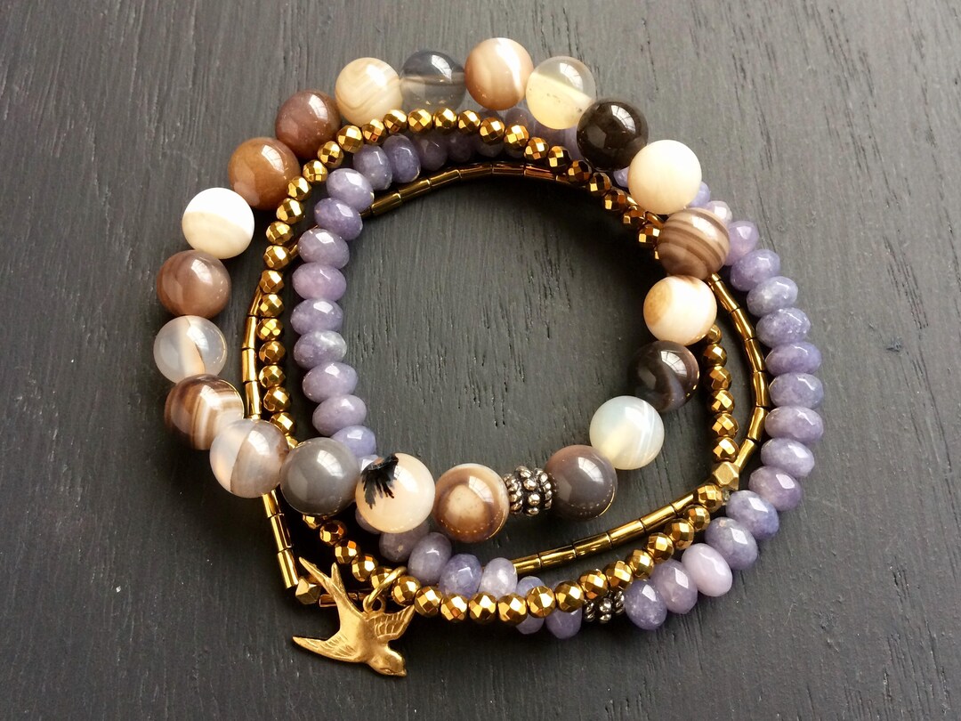 Botswana Agate Rounded-Square Beaded Stretch Bracelet