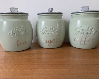 Tea Coffee Sugar Retro Kilner Jars - sage green and silver colour