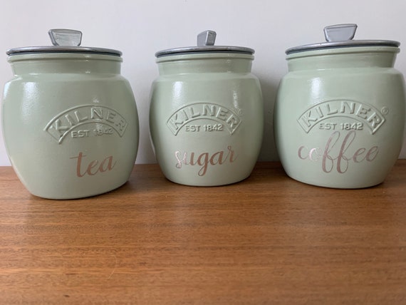 Tea Coffee Sugar Retro Kilner Jars sage green and silver colour