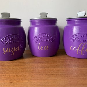 Tea Coffee Sugar Retro Kilner Jars - Purple with silver lids