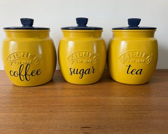 Tea Coffee Sugar Retro Kilner Jars - Mustard yellow and blue