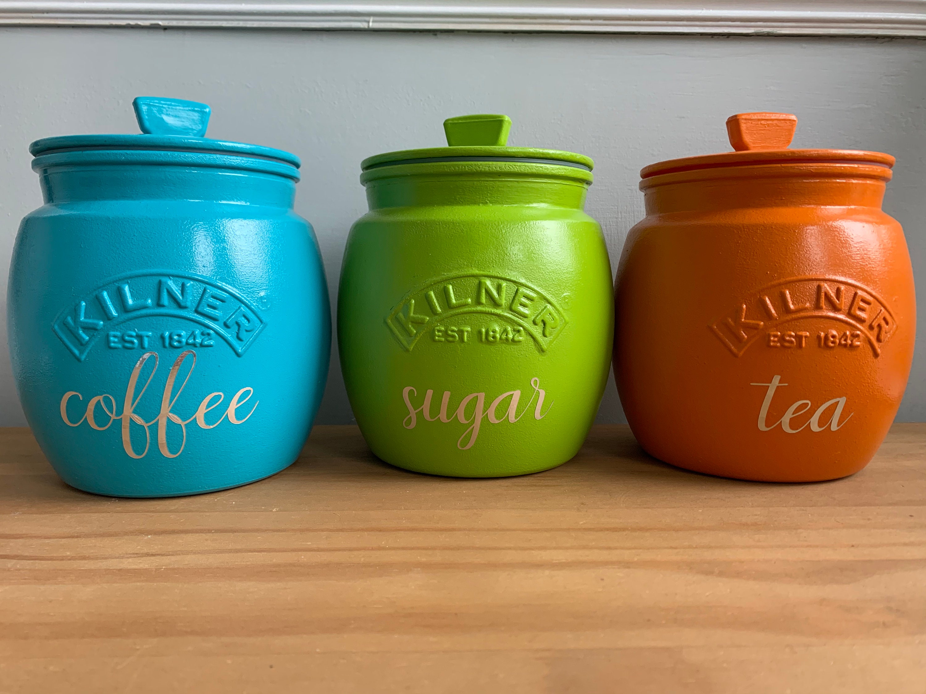 Wooden Lids Multi Coloured Tea Coffee Sugar Canisters 3x Retro