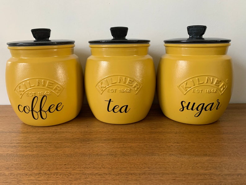 Yellow & Black Lidded Tea Coffee Sugar Canisters with Labelling