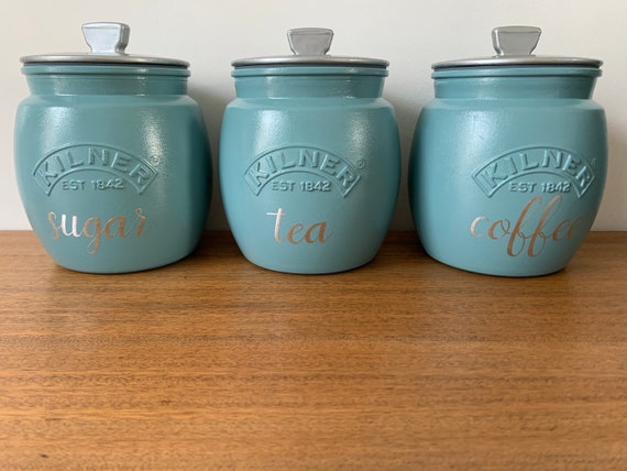 Tea Coffee Sugar Retro Kilner Jars Duck egg blue with silver lids
