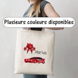 SB73 Tote Bag personnalisable Transformer et Voiture, sac réutilisable, cadeau sac enfant, sac école, sac bibliothèque, voiture prénom