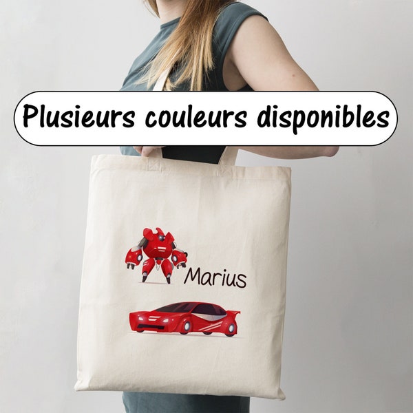 SB73 Tote Bag personnalisable Transformer et Voiture, sac réutilisable, cadeau sac enfant, sac école, sac bibliothèque, voiture prénom