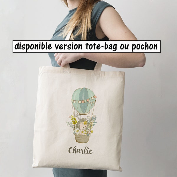 SB29 Tote Bag ou Pochon hérisson montgolfière à personnaliser, tote bag enfant, cadeau personnalisé, sac personnalisable, sac enfant