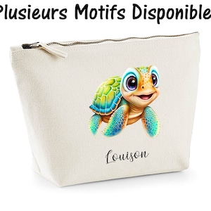 SB104 Trousse imprimée Tortue en coton bio à personnaliser, cadeau toute occasion, pochette maquillage, trousse école enfant, prénom