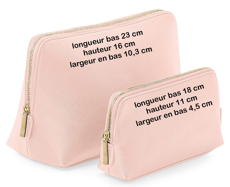 May include: Two pink zippered cosmetic bags with gold zippers. The larger bag measures 23 cm long, 16 cm high, and 10.3 cm wide. The smaller bag measures 18 cm long, 11 cm high, and 4.5 cm wide.