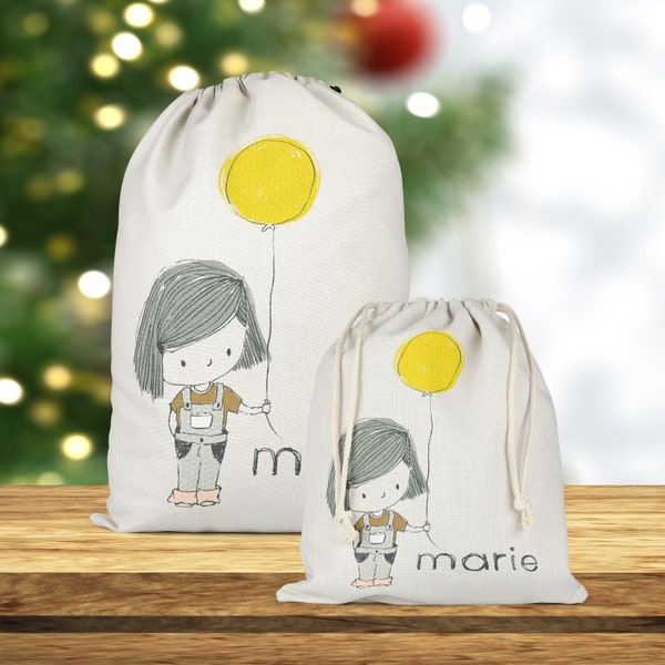 SB66 Pochon ou Tote Bag de Noël, Petite Fille, sac shopping, sac cadeau, emballage recyclable, sac réutilisable, sac coton, sac prénom