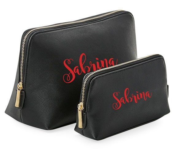 Trousse élégante noir/doré simili cuir personnalisable, en saffiano grain fin, trousse personnalisée, cadeau personnalisable, prenom