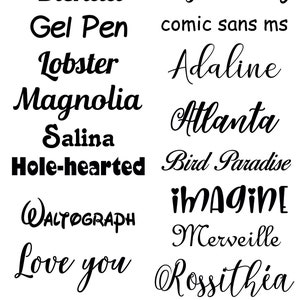 May include: A collection of handwritten font names in black ink on a white background. The fonts include Blenda, Gel Pen, Lobster, Magnolia, Salina, Hole-hearted, WALTOGRAPH, Love you, Magnolia Sky, comic sans ms, Adaline, Atlanta, Bird Paradise, IMAGINE, Merveille, and Rossithia.