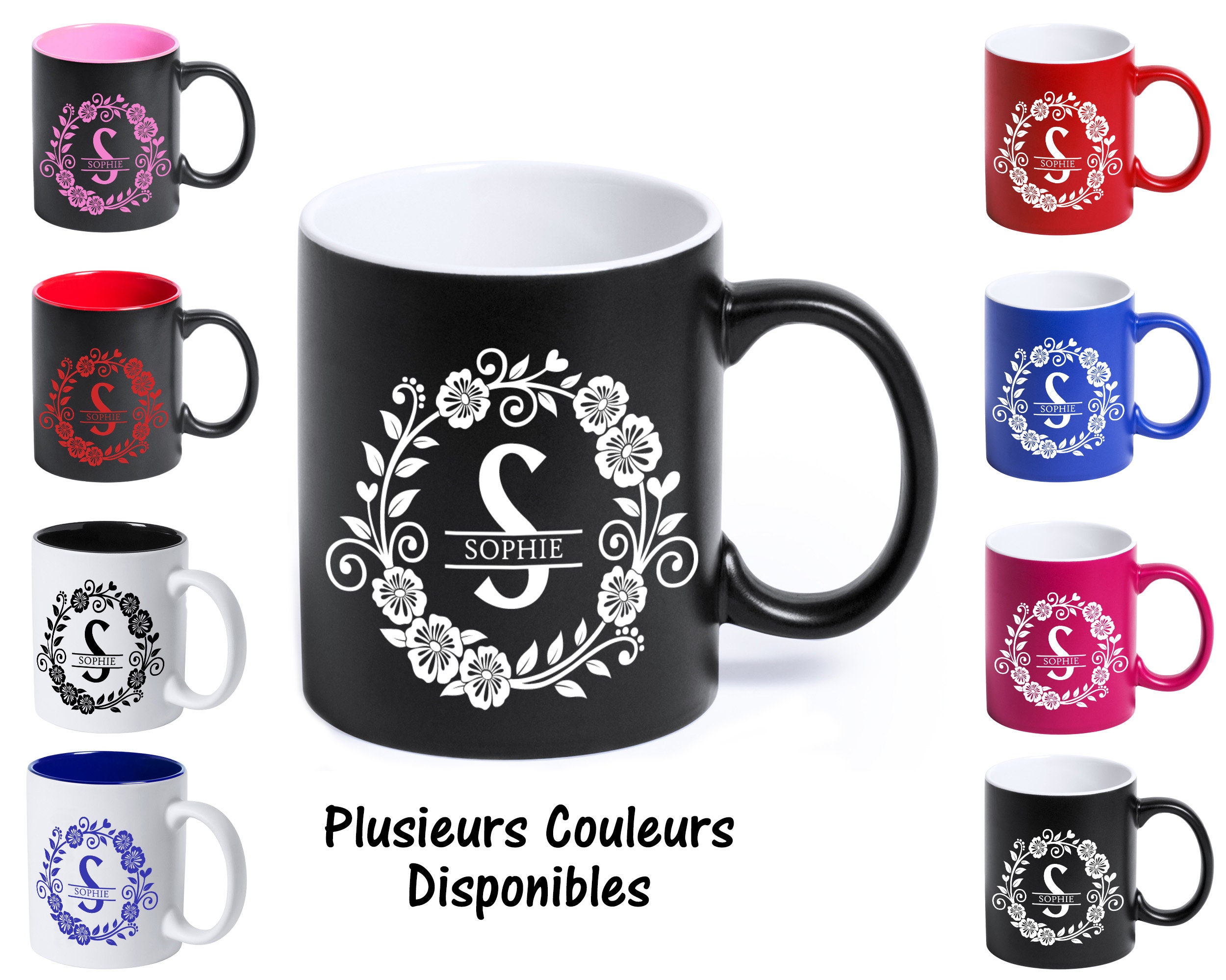 Sb96 Mug Personnalisé de Couleur Monogramme Couronne Fleurs, Tasse Café ou Thé, Cadeau Initiale, Mug