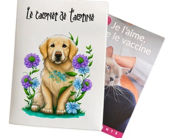 C721 Protège carnet de santé personnalisé pour animaux motif golden retriever et fleurs, carnet chien, carnet chat, carnet santé chien