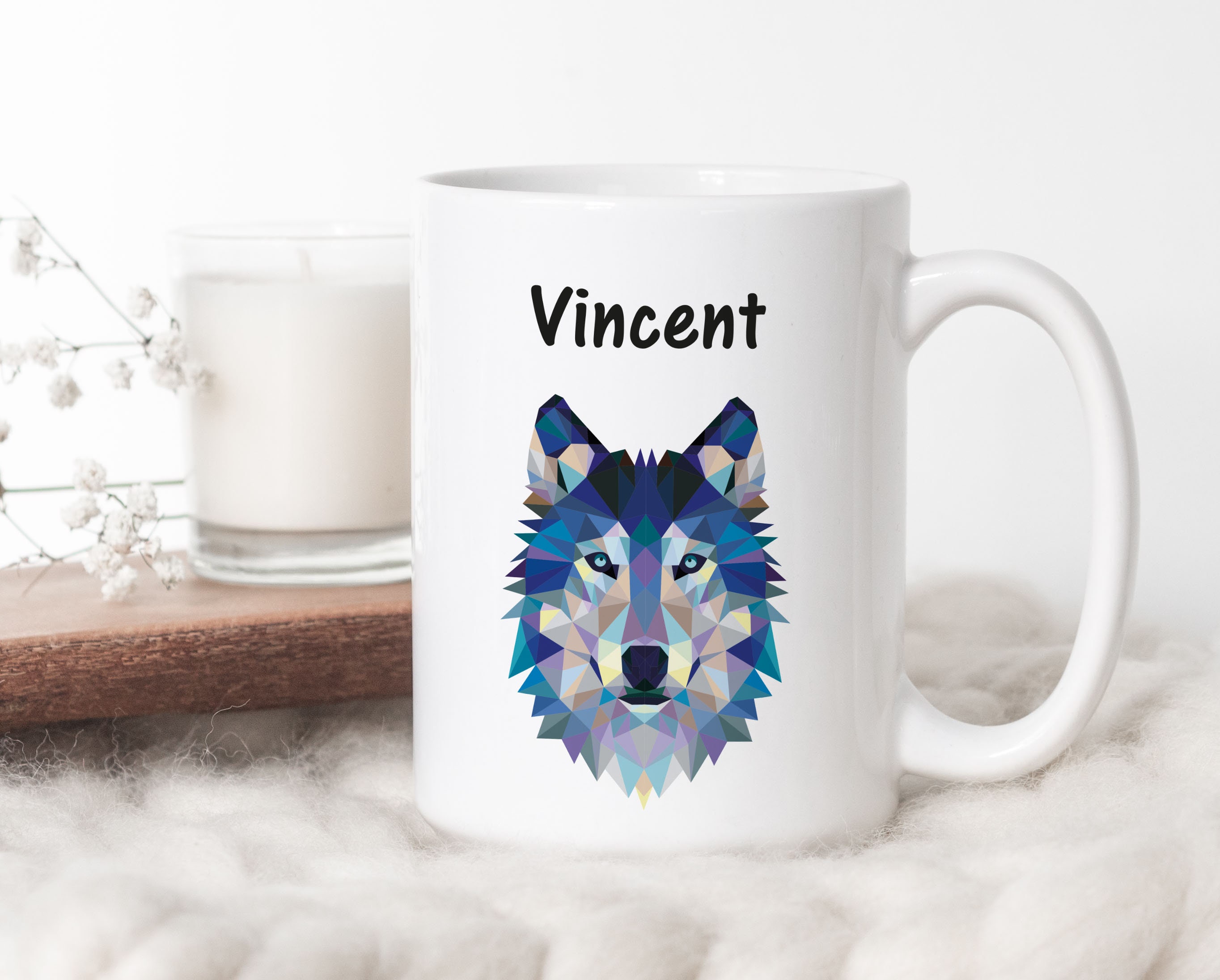 C51 Mug à Personnaliser Loup Polygone Bleu, Tasse Café, Thé, Cadeau Personnalisé, Personnalisée, Per