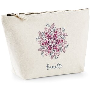 SB07 Trousse imprimée fleurs mauves aquarelle personnalisable, cadeau femme, cadeau anniversaire, trousse range tout, trousse maquillage