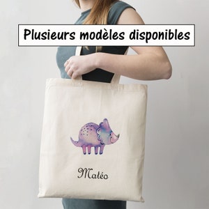 SB46 Tote Bag personnalisable Dinosaure, sac shopping,  sac réutilisable, cadeau dinosaure, cadeau sac dino, sac bibliothèque, sac prénom