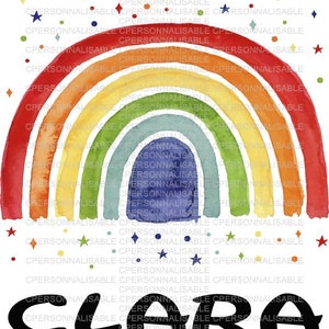May include: A watercolor rainbow with red, orange, yellow, green, blue, and purple stripes. The rainbow is on a white background with a black name "CLARA" at the bottom.