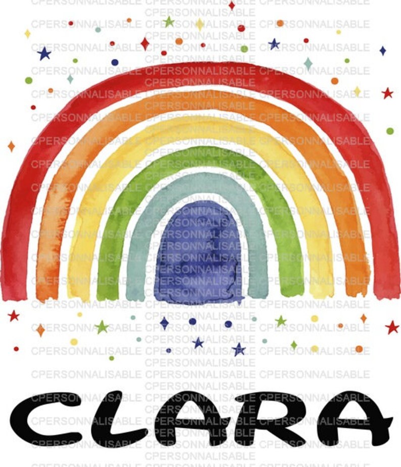 May include: A watercolor rainbow with red, orange, yellow, green, blue, and purple stripes. The rainbow is on a white background with a black name "CLARA" at the bottom.