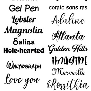 May include: A collection of handwritten fonts in black ink on a white background. The fonts include Blenda, Gel Pen, Lobster, Magnolia, Salina, Hole-hearted, WALTOGRAPH, Love you, Magnolia Sky, comic sans ms, Adaline, Atlanta, Golden Hills, IMAGINE, Merveille, and Rossithia.
