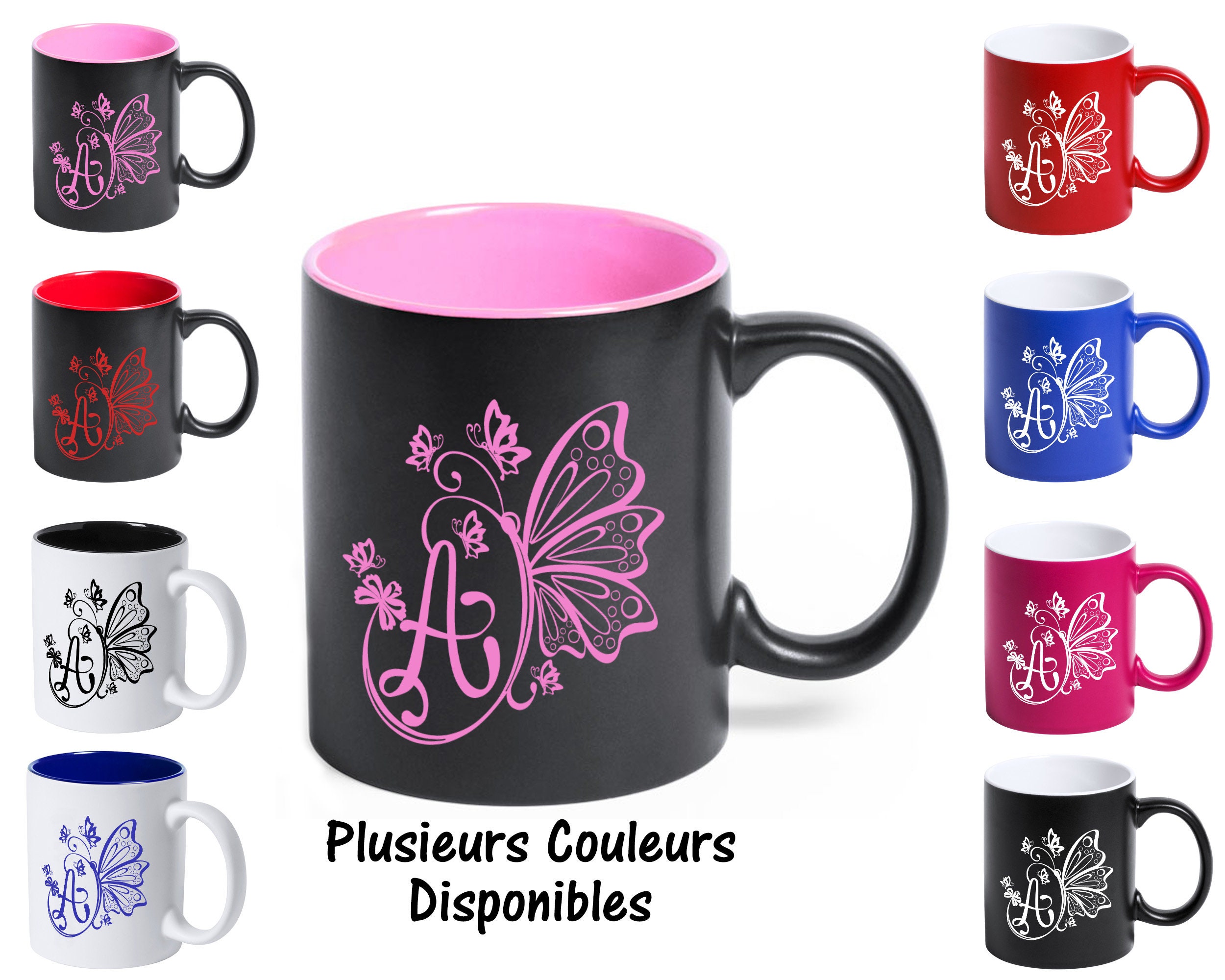 Sb92 Mug Personnalisé de Couleur Monogramme Papillon, Tasse Café ou Thé, Cadeau Initiale, Initiale P