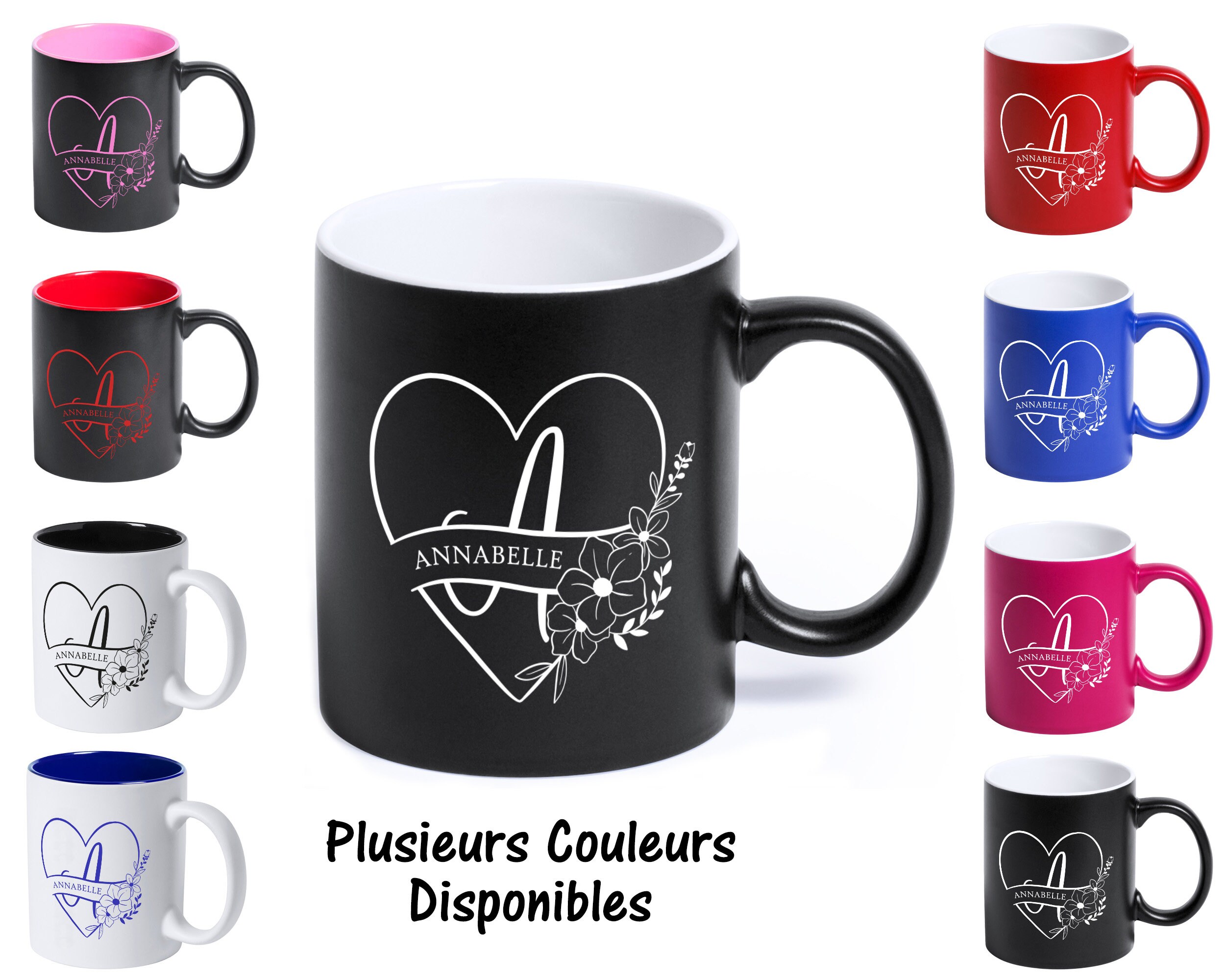 Sb98 Mug Personnalisé de Couleur Monogramme Coeur Prénom, Tasse Café ou Thé, Cadeau Initiale, Mug In