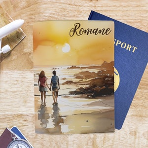 Gepersonaliseerde paspoorthoes C842 sunset beach walkers, gepersonaliseerde paspoorthoes, aanpasbare paspoorthouder