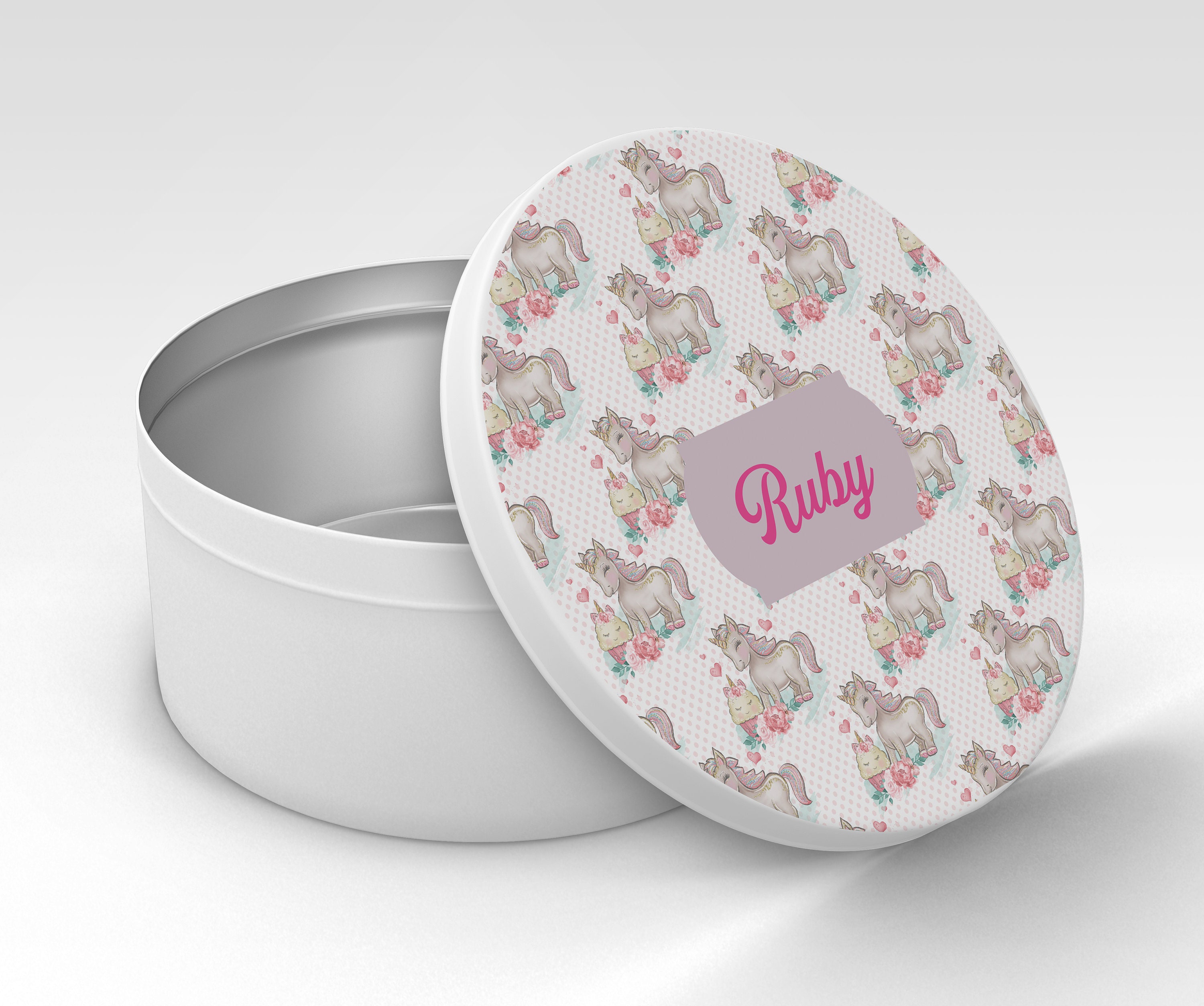 C70 Boîte Licornes et Cupcakes en Métal Personnalisée, Boîte à Biscuits Personnalisable, Souvenirs,