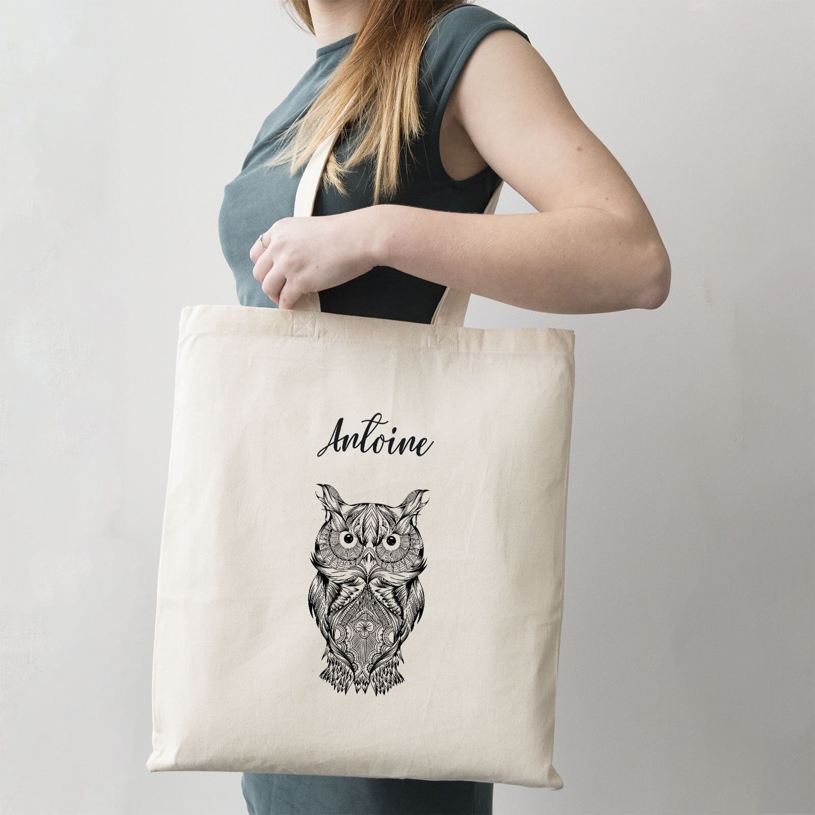C33 Tote bag personnalisable Grand Hibou Noir personnalisable, sac shopping, sac cabas, sac coton hi