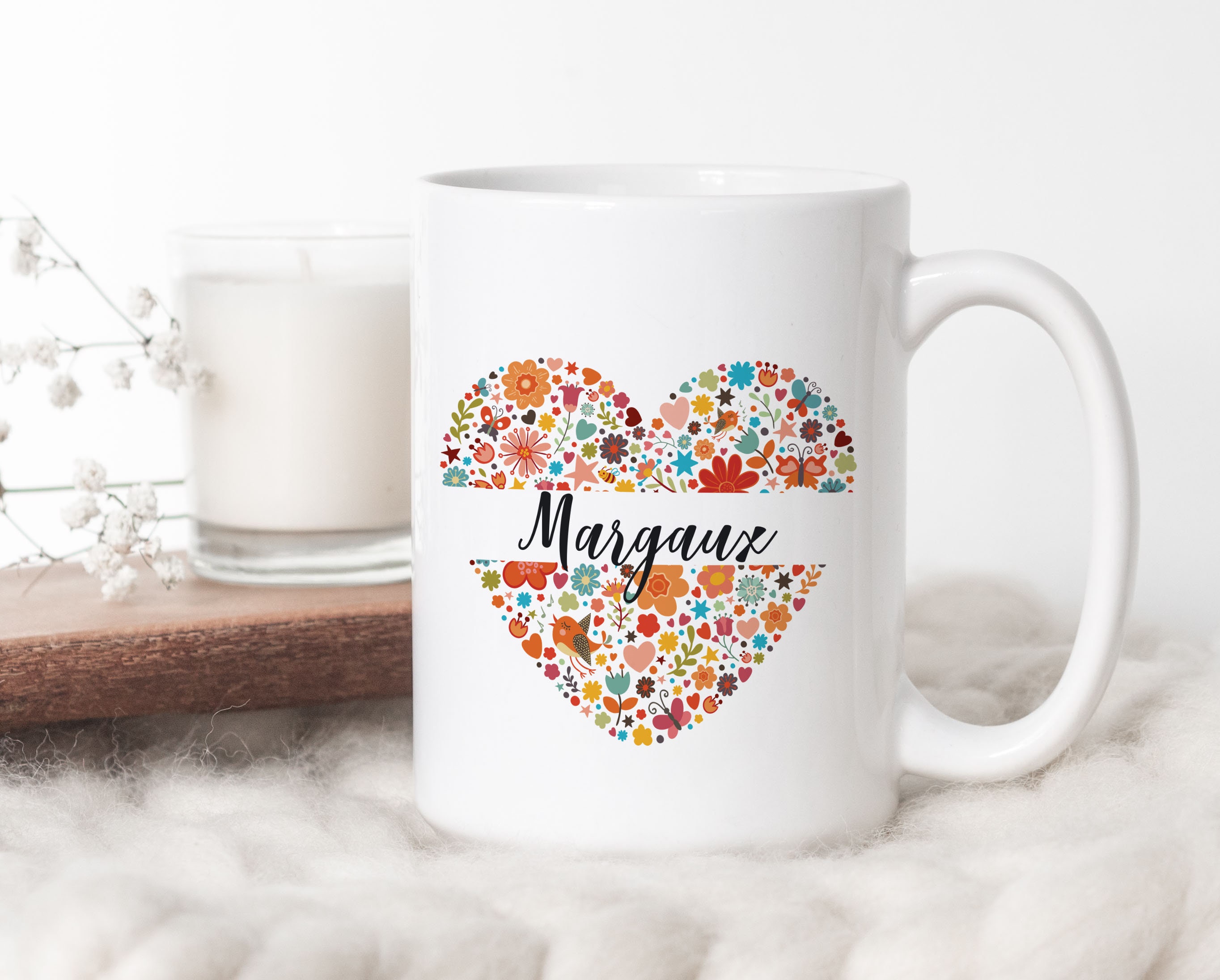 C29 Mug Personnalisé Coeur Fleuri, Mug Personnalisable, Cadeau Personnalisé, Tasse Café, à Thé, Prén