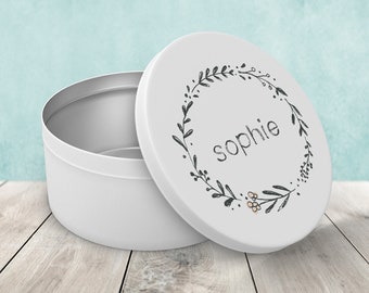 Gepersonaliseerde ronde metalen doos in grijze kroonvorm, aanpasbaar koekjesblik, bewaardoos, gepersonaliseerde taartdoos
