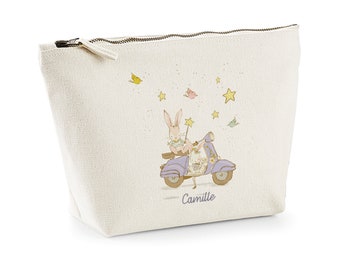 SB35L Trousse imprimée lapins en scooter lilas en coton bio à personnaliser, cadeau toute occasion, pochette maquillage, trousse école